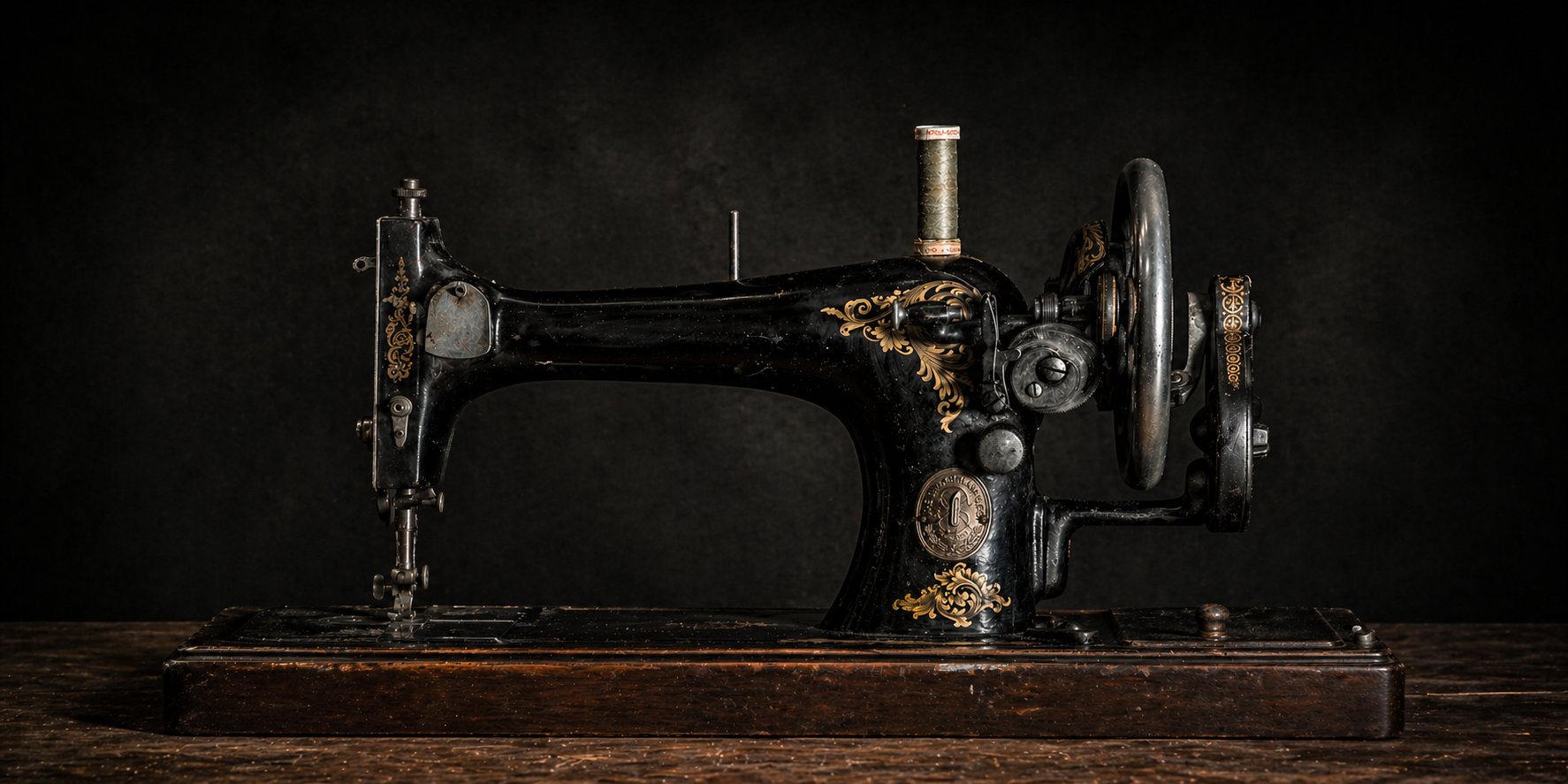 Vintage black sewing machine with gold floral engravings displayed on a wooden surface against a dark background.